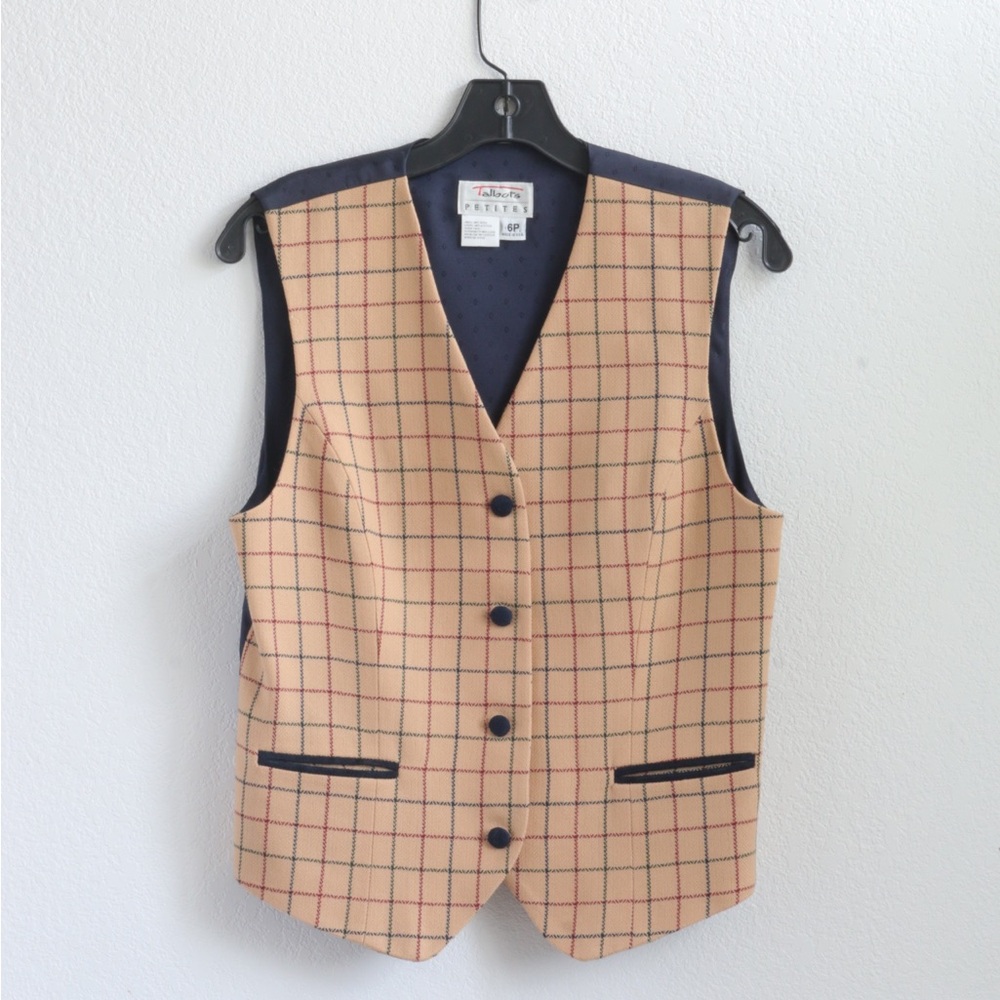 Talbots Beige Plaid Vest with Navy Trim